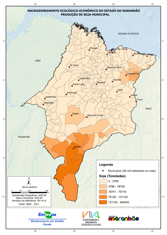 Produção da soja no Estado do Maranhão, em toneladas por município