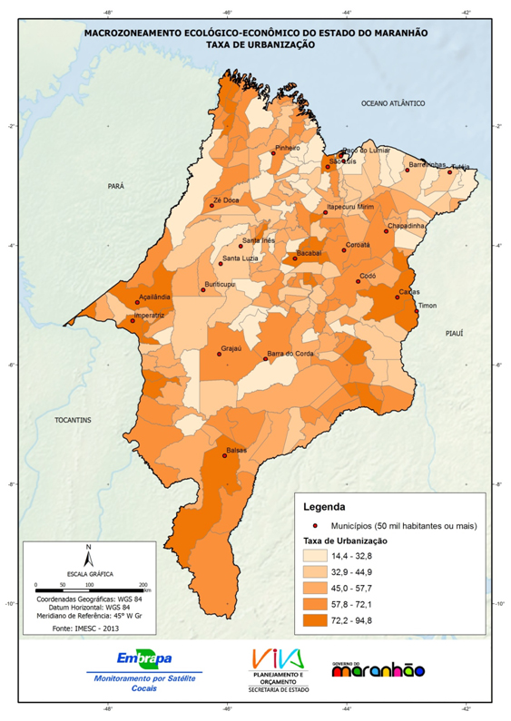 Distribuição das taxas de urbanização dos municípios do Estado do Maranhão-(2013)