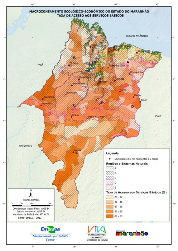 Taxa de acesso aos serviços básicos e regiões e sistemas naturais-(2013)