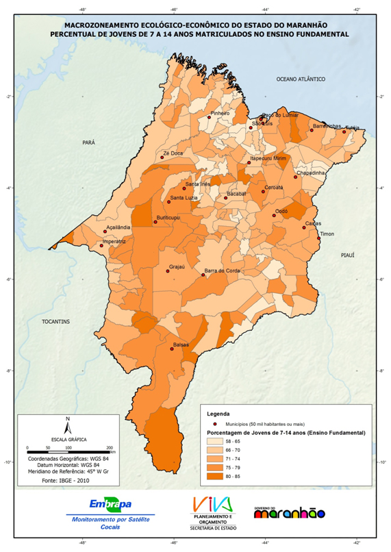 Mapa do percentual de jovens de 7 a 14 anos matriculados no Ensino Fundamental no Estado do Maranhão-(2010)