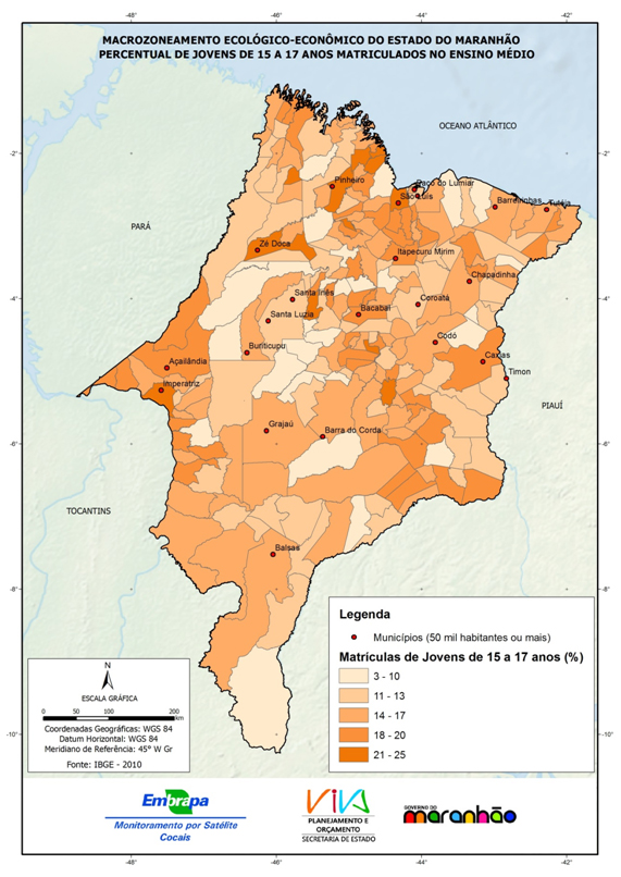 Mapa do percentual de jovens de 15 a 17 anos matriculados no Ensino Médio no Estado do Maranhão-(2010)