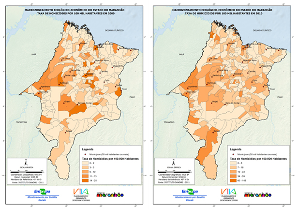 Evolução da taxa de homicídios por 100 mil habitantes nos municípios maranhenses entre 2000 e 2010