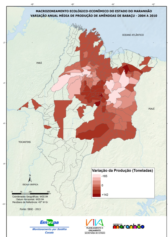 Variação anual média da produção de amêndoas de babaçu no Estado do Maranhão durante o período