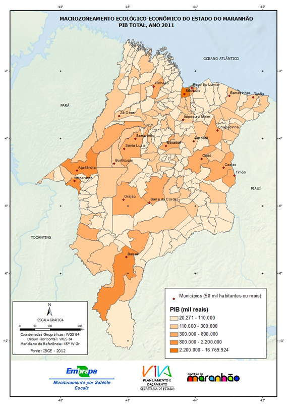 Distribuição espacial do PIB total do Estado do Maranhão para o ano de 2011