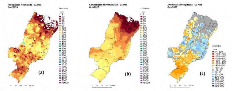 Figura 1 - Precipitação (mm) mensal no mês de outubro/2020 nas regiões de abrangência do Monitor de Secas: (a) precipitação acumulada; (b) climatologia; (c) anomalia. Fonte: Produtos de apoio do Monitor de Secas.