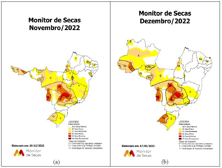 Figura 1 - Monitor de Secas: (a) novembro/2022; (b) dezembro/2022.