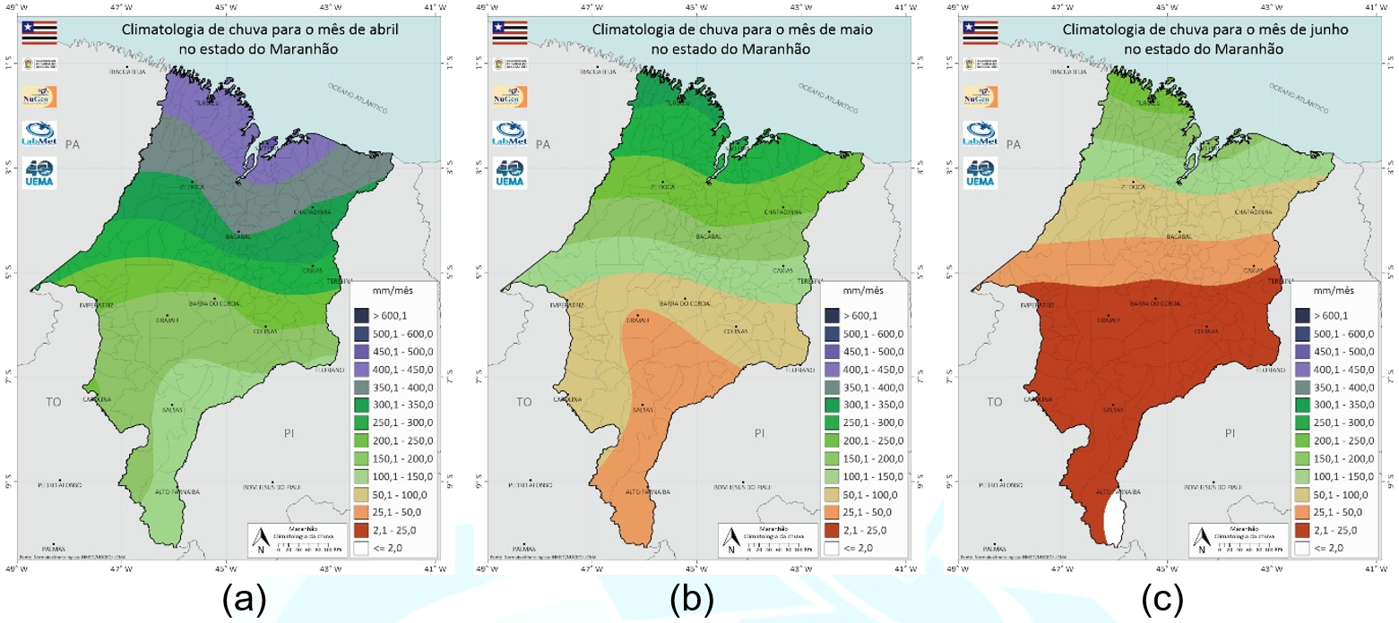 Figura 05 – Distribuição espacial climatológica da chuva nos meses de abril (a), maio (b) e junho (c) no Maranhão. Fonte: Climatologia INMET- 1981 a 2010/LABMET/NUGEO/UEMA