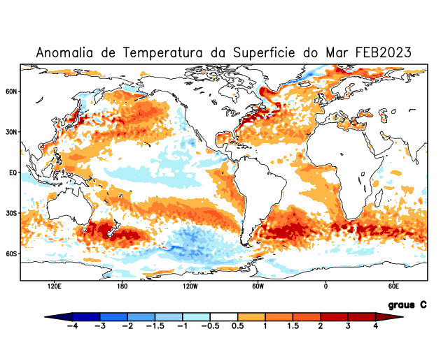 Figura 01 – Anomalia de temperatura da superfície do mar (TSM) em fevereiro de 2023. Fonte: CPTEC e INPE.