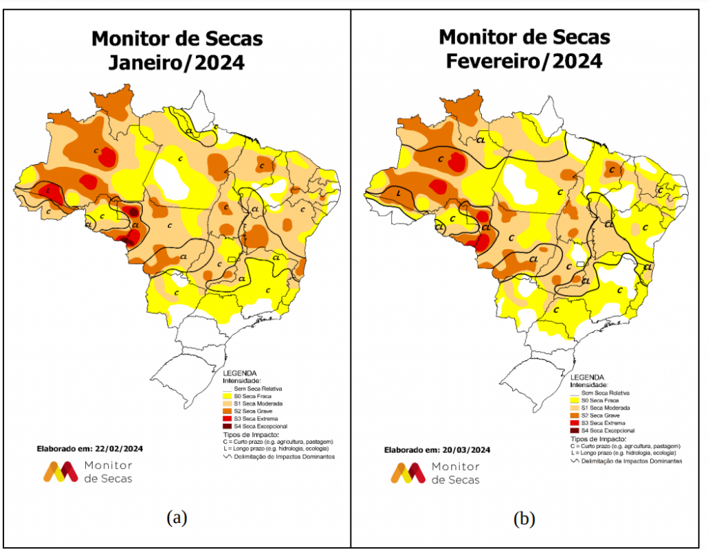 Figura 1 - Monitor de Secas: (a) janeiro/2024; (b) fevereiro/2024.