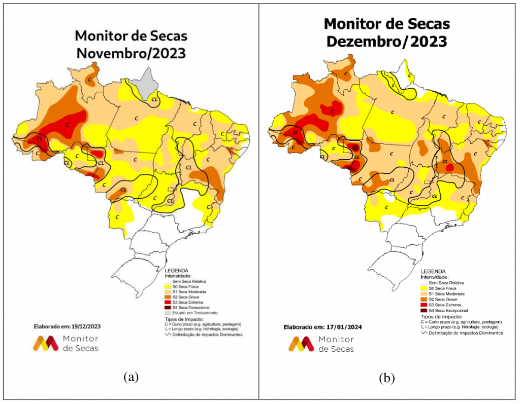 Figura 1 - Monitor de Secas: (a) novembro/2023; (b) dezembro/2023.