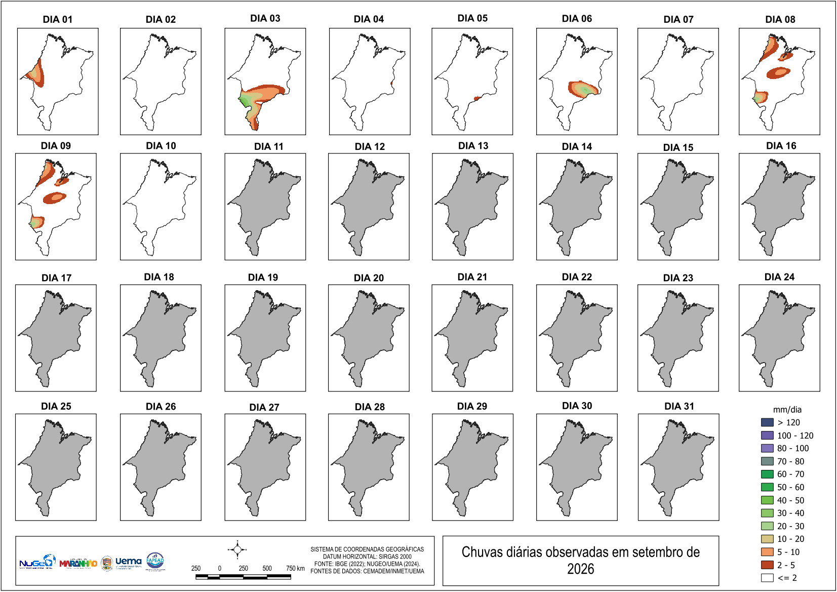 Painel dos acumulados diários de precipitação no Maranhão em agosto de 2026