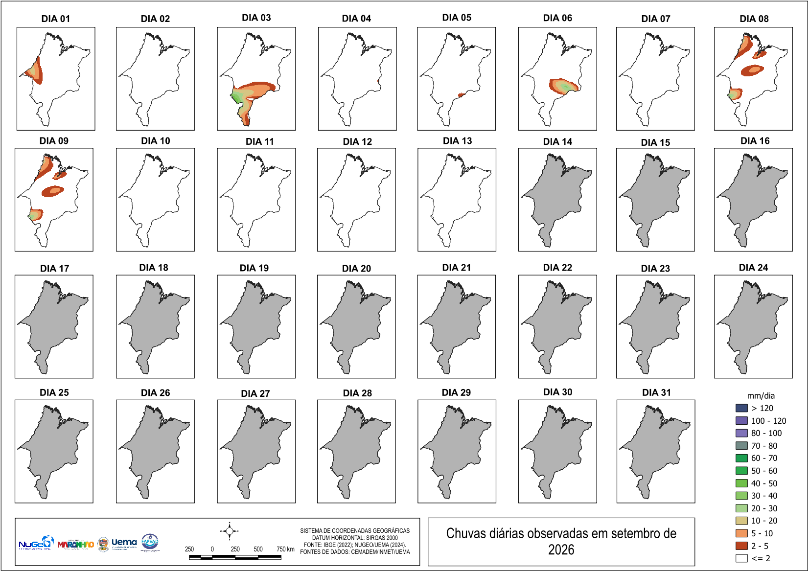 Painel dos acumulados diários de precipitação no Maranhão em agosto de 2026