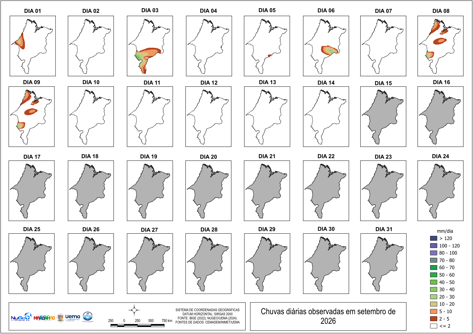 Painel dos acumulados diários de precipitação no Maranhão em agosto de 2026