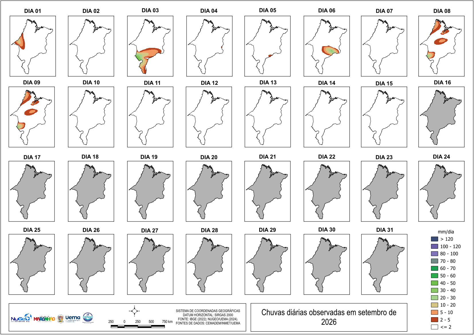 Painel dos acumulados diários de precipitação no Maranhão em agosto de 2026