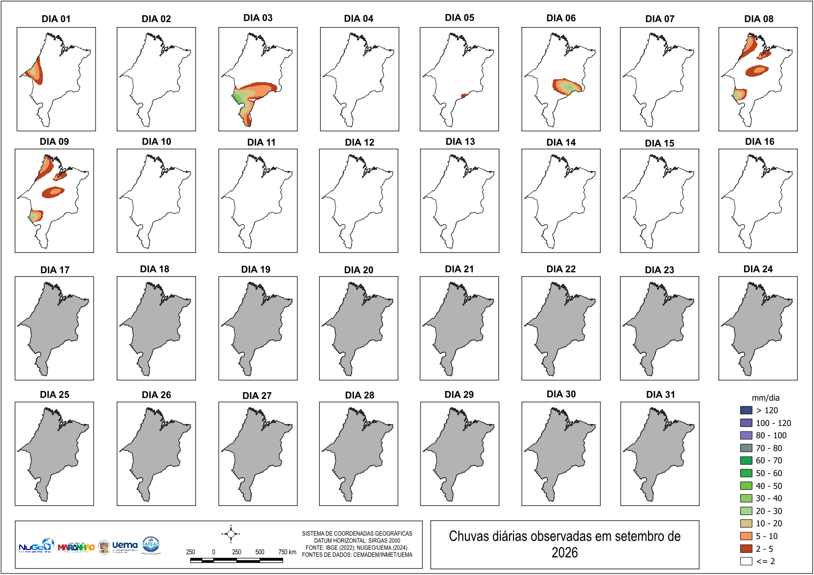 Painel dos acumulados diários de precipitação no Maranhão em agosto de 2026