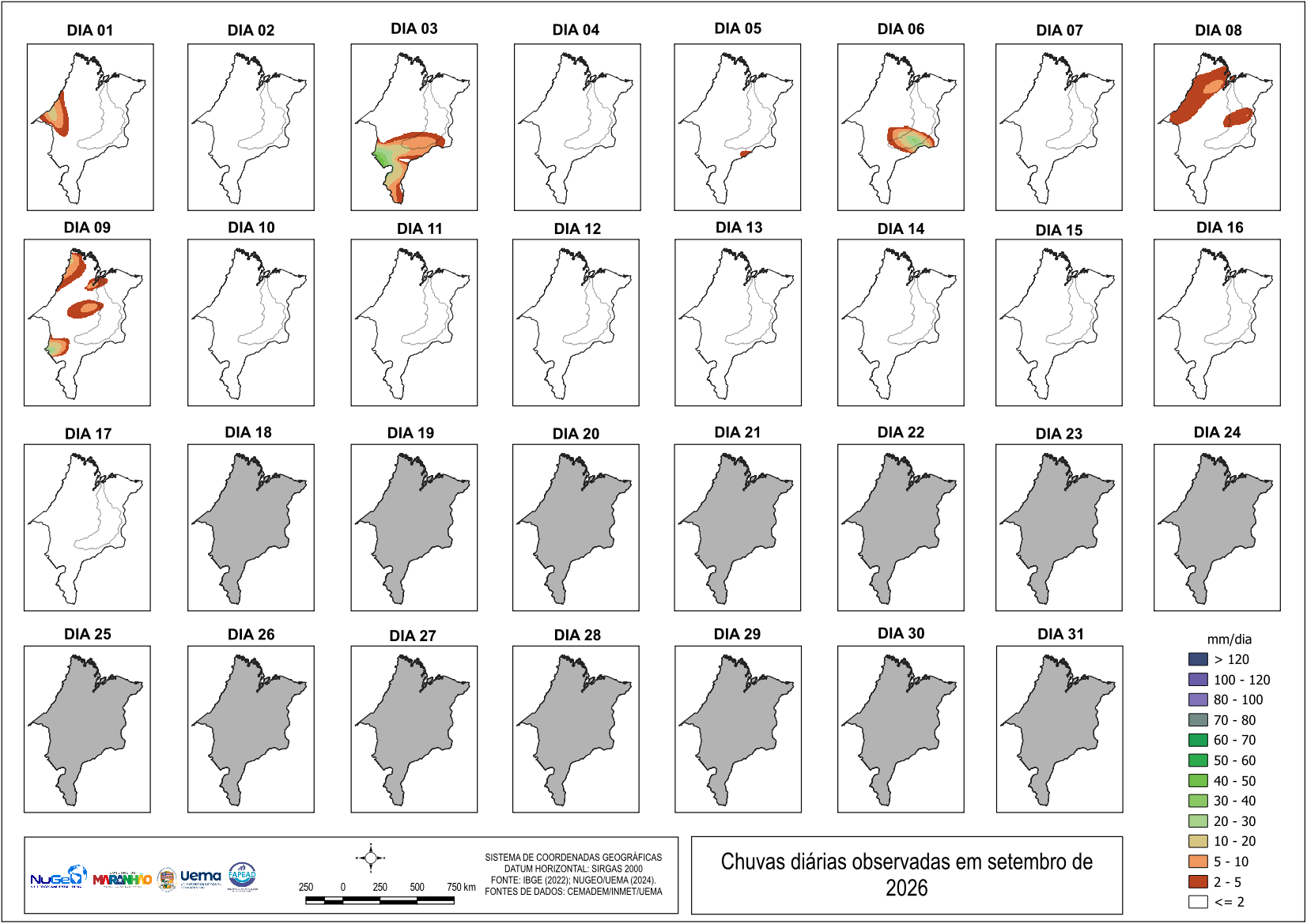 Painel dos acumulados diários de precipitação no Maranhão em agosto de 2026