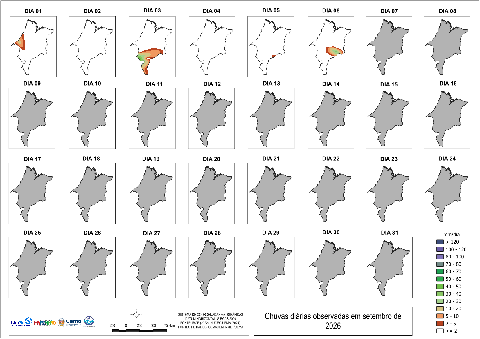Painel dos acumulados diários de precipitação no Maranhão em agosto de 2026