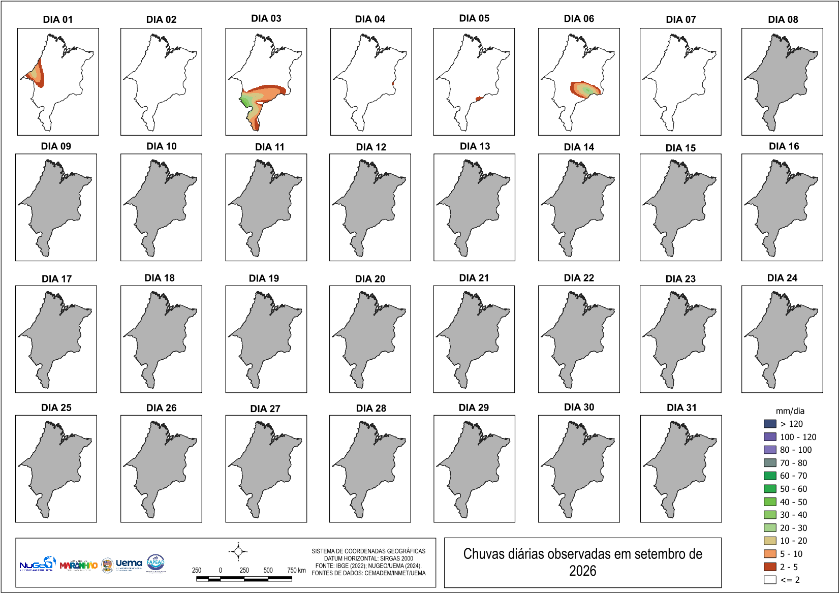 Painel dos acumulados diários de precipitação no Maranhão em agosto de 2026