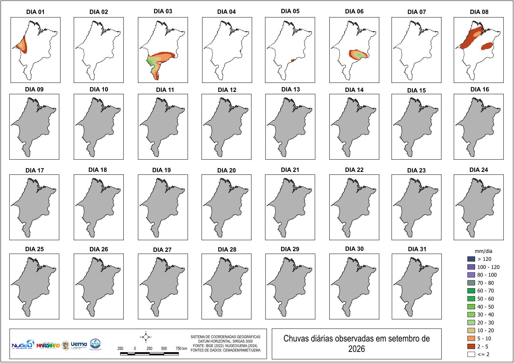 Painel dos acumulados diários de precipitação no Maranhão em agosto de 2026