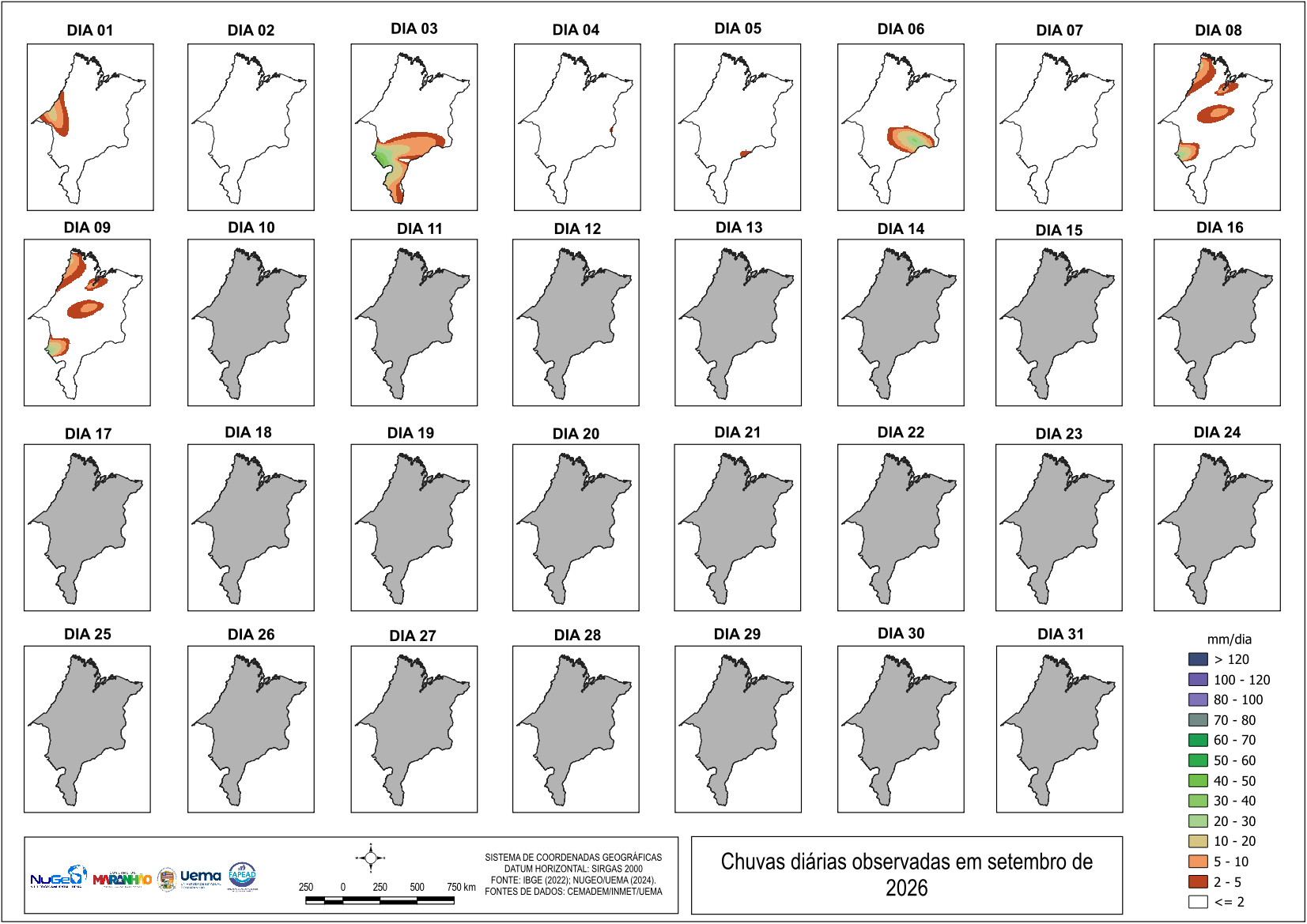 Painel dos acumulados diários de precipitação no Maranhão em agosto de 2026