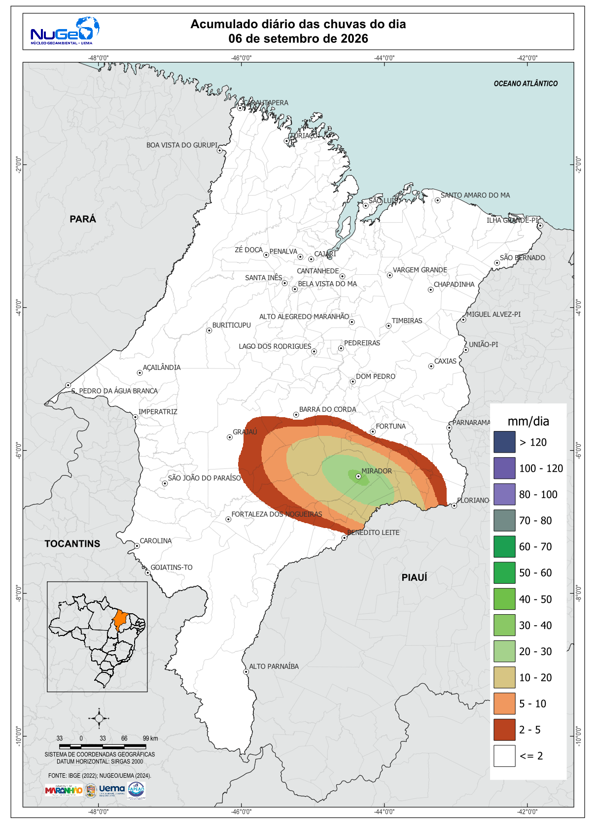 Mapa da precipitação acumulada no Maranhão nas últimas 24 horas