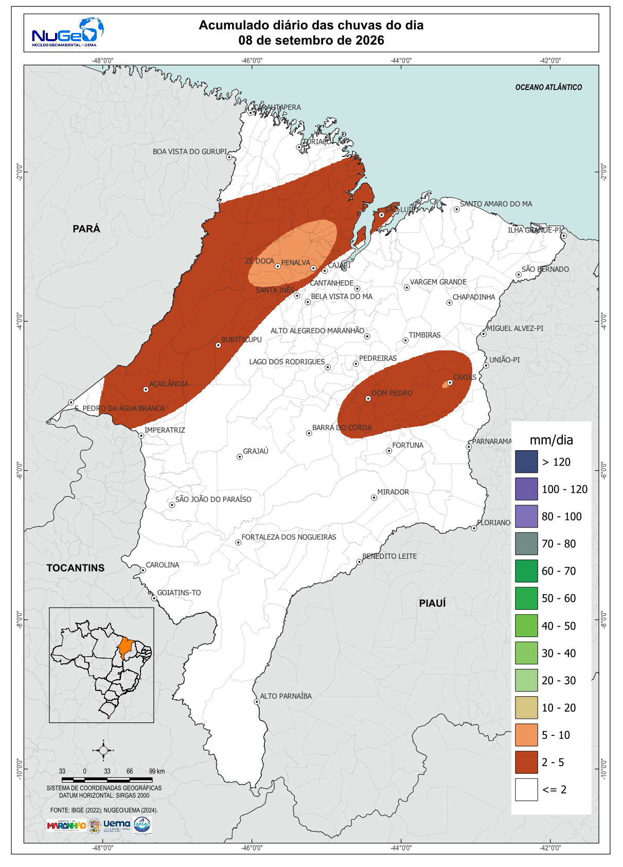 Mapa da precipitação acumulada no Maranhão nas últimas 24 horas
