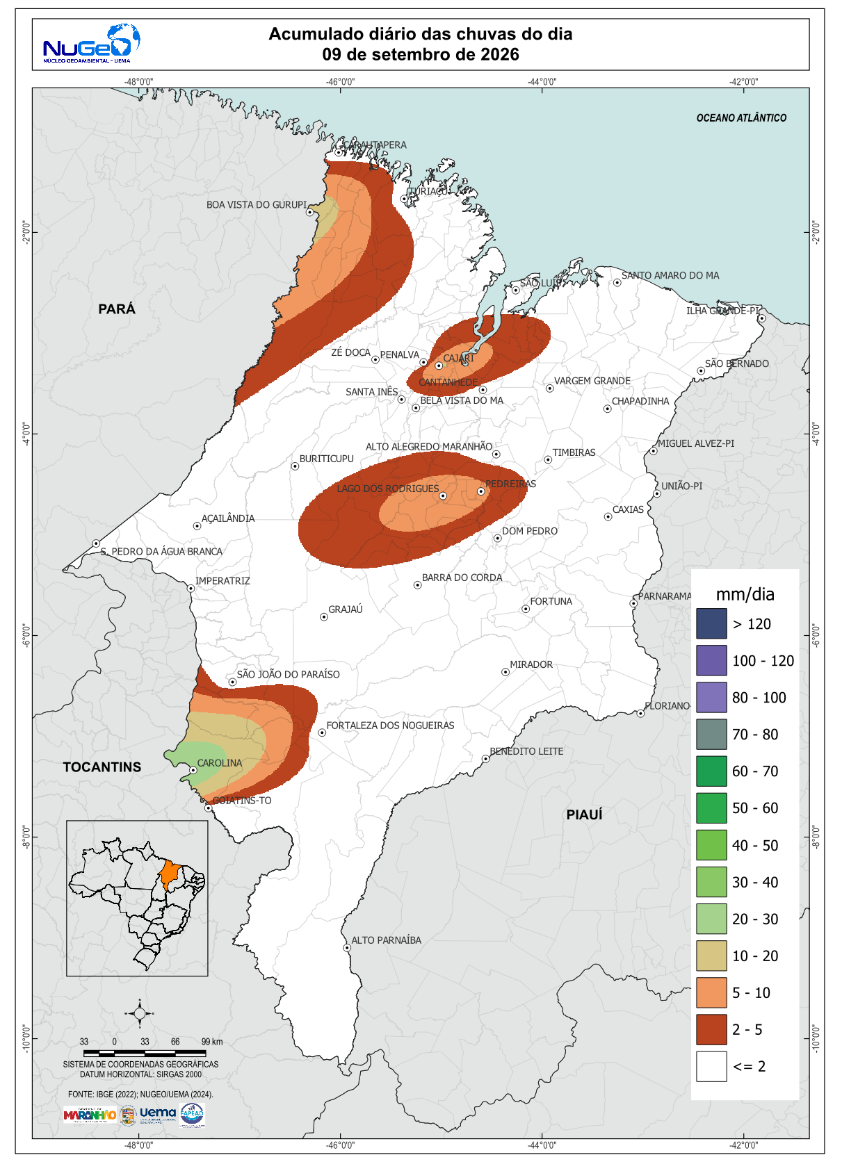 Mapa da precipitação acumulada no Maranhão nas últimas 24 horas